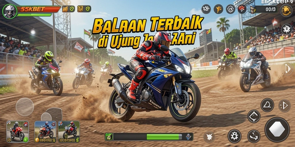 Screenshot gameplay <strong>55KBET</strong> menampilkan aksi balapan motor yang mendebarkan.