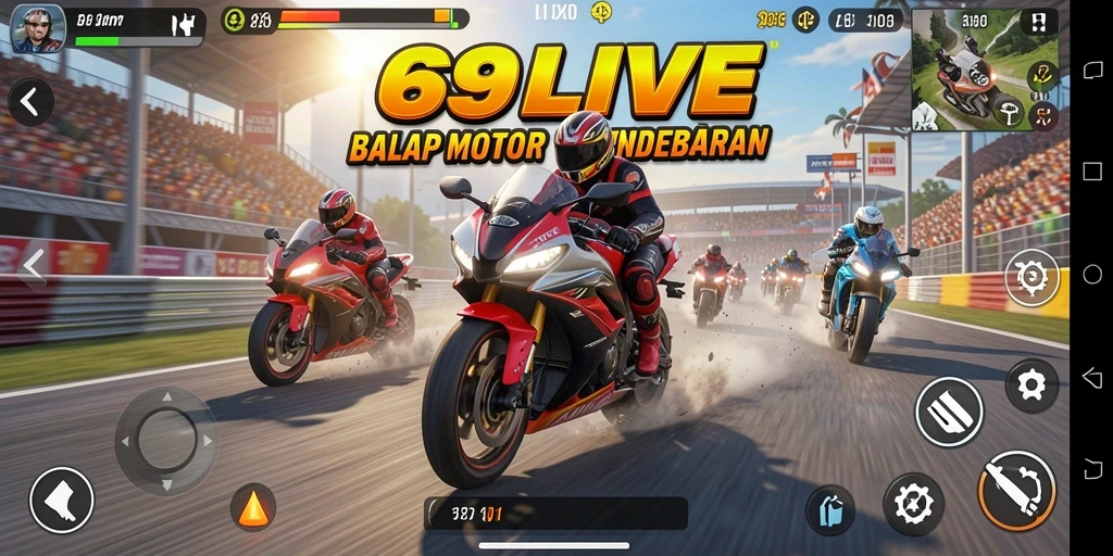 Tampilan gameplay 69LIVE yang mendebarkan dalam balapan motor.