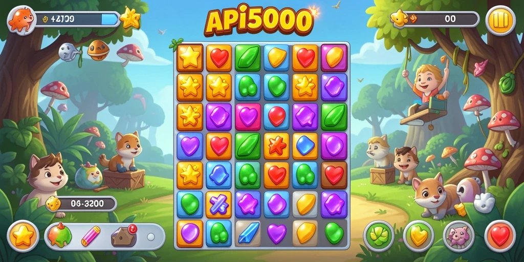 Screenshot utama API5000 menampilkan gameplay Match-3 yang seru.