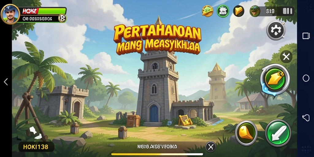 Tangkapan layar HOKI138 menunjukkan serangan menara dalam permainan Tower Defense.