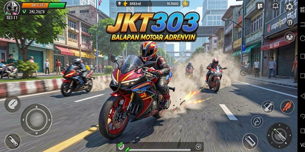Screenshot JKT303 menampilkan adegan balapan motor yang cepat dan mendebarkan.