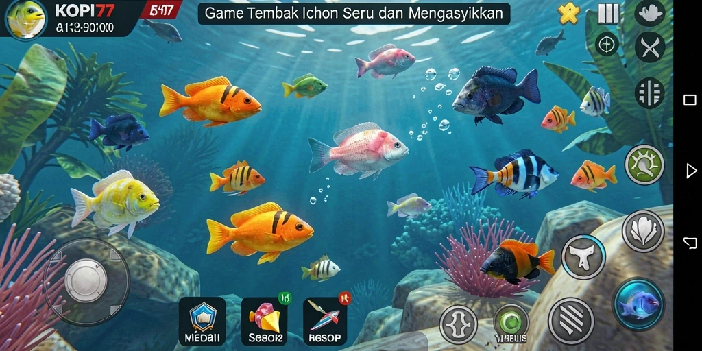 Screenshot utama KOPI77 menampilkan aksi seru menembak ikan.