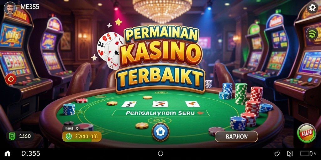 Tampilan gameplay ME355 yang mengasyikkan dengan mesin slot dan permainan meja.