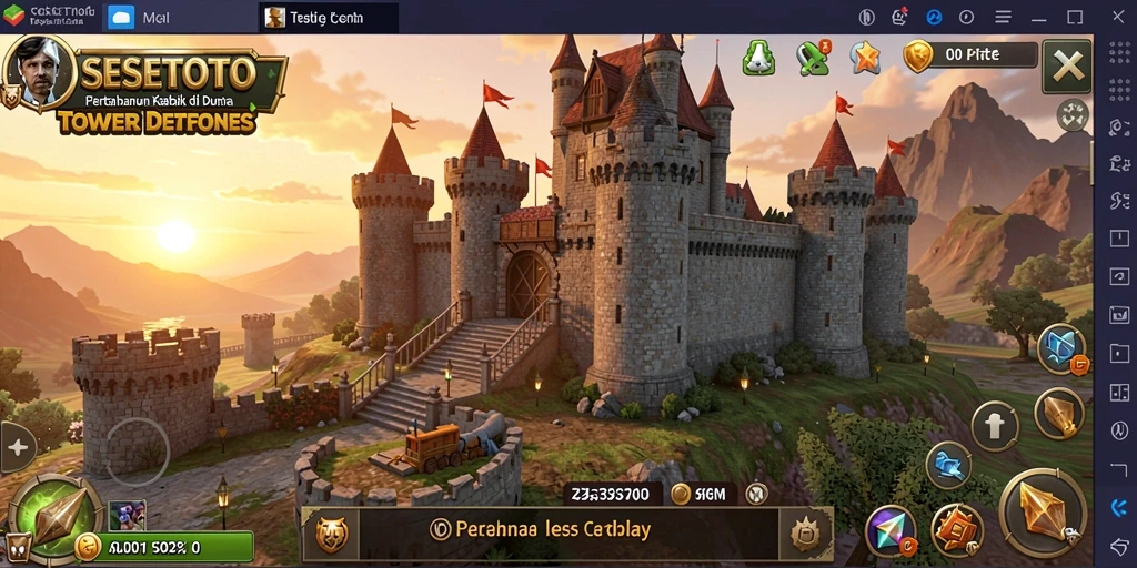 Gameplay SESETOTO menampilkan pertarungan epik dengan menara yang strategis.