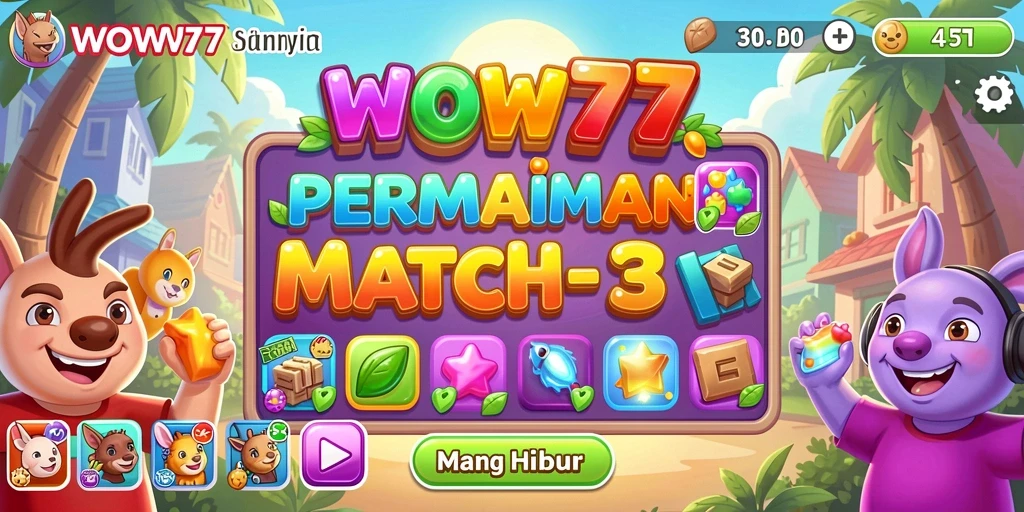 Screenshot gameplay WOW77 menampilkan tantangan Match-3 yang menarik.